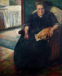 Madame Virginie (La signora Virginia), porträtt av en korpulent sittande kvinna med sin katt i knät. Målning av Umberto Boccioni (1882-1916), 1905, sol. 140 x 115,5 cm, Milano, Museo del Novecento