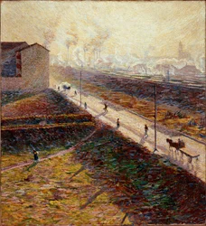 Morgon eller "" Förortsvägen tidigt på morgonen"" Målning av Umberto Boccioni (1882-1916) 1909 Sön. 60x55 cm Privat samling