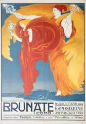 Affisch för utställning av måleri och skulptur i Brunate av Umberto Boccioni (1882-1916), kromolitografi, 70x50 cm