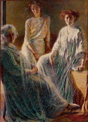 Tre kvinnor. Alla tre klädda i vitt symboliserar de livets tre åldrar. Målning av Umberto Boccioni (1882-1916), 1909-1910, Sol, 180 x 132 cm, privat samling