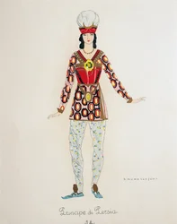 Kostym för prinsen av Persien från Turandot av Giacomo Puccini, skiss av Umberto Brunelleschi (1879-1949) för uruppförandet av operan på Teatro alla Scala i Milano, 25 april