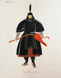 Kostym för de svarta vakterna i Turandot av Giacomo Puccini, skiss av Umberto Brunelleschi (1879-1949) för operans första föreställning på Teatro alla Scala i Milano, 25 april