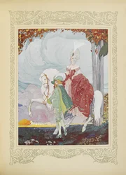 Sidan tog prinsessans häst i tränsen och ledde, illustration från 