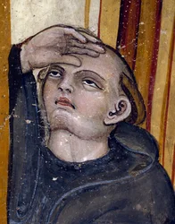 En munk som tittar på himlen. Detalj av det sista mötet den 06/02/547 av Saint Benedict of Nursie och hans syster Ste Scholastic, några dagar före nunans död - Fresco