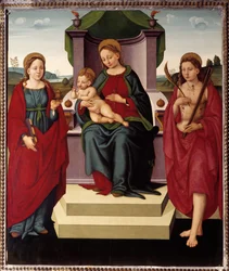 Madonna på tronen mellan St Magdalena och Sebastian (olja på duk