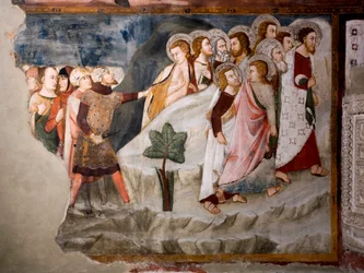 Flykten från apostlarna. Detalj. Fresk av Umbriens skola på 1400-talet. Överlägsen kyrka. Klostret Saint Benedetto (Sacro Speco), Subiaco (Rom), Italien