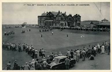 1st Tee, 18th Green & Clubhouse, Old Course, St. Andrews, c1955