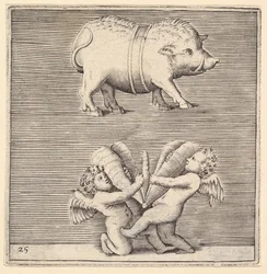 En bältad gris och två amoriner eller genier med en fjäril eller mal, publicerad ca. 1599-1622.