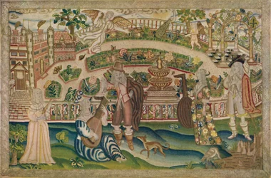 En trädgårdsscen - Petit-Point-bild av Charles I:s period, tidigt 1600-tal, 1928