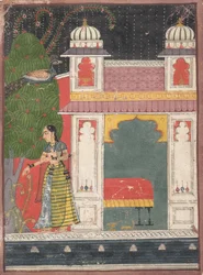 En hjältinna plockar en blomma: Sida från en dispersed Nayika Bheda, ca. 1660-80.