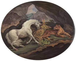 En häst skrämd av en lejoninna, ca. 1800.