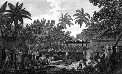 Ett människooffer i en Morai, i Otaheite, i närvaro av kapten Cook, c1773