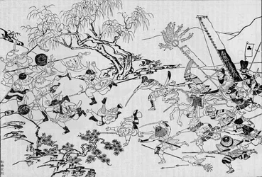 En japansk konstnärsbild av Japans invasion av Korea 1592 1907