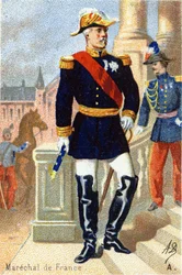 A: Marechal av Frankrike. Gravyr i "Militäralfabetet". Illustratörens initialer: A. D. Okänd utgivare. Kromolitografier från slutet av 1800-talet. Mått: 10,5x7 cm.
