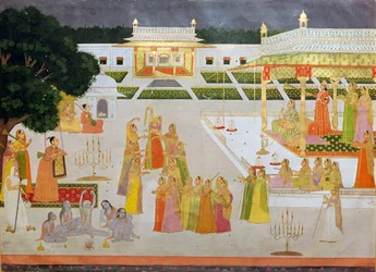 En Mughal-målning av en prinsessa och hennes damer som firar Diwali