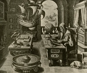 En navigeringsexpert på jobbet i hans studie med glob och kompass, c1591, 1928.