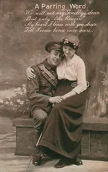 Ett avskedsord, romantiskt vykort med en soldat och hans älskling
