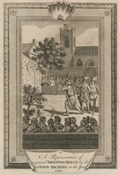En representation av en storslagen skjutmatch av London Archers år 1583.