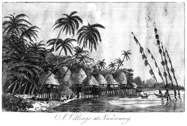 En by i Nancowry, Nicobaröarna, 1799