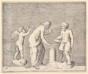 En kvinna och man som offrar i närvaro av Amor, publicerad ca. 1599-1622.