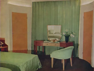 Ett sovrum i ett hus på Portland Place, designat av Ian Henderson & Co. i London, 1935