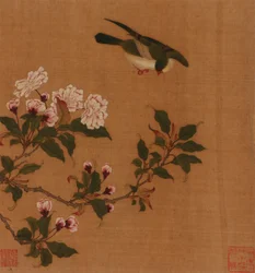 En fågel som svävar över blommande grenar, Qingdynastin, 1700-talet.