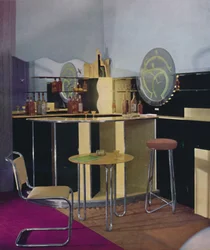 En cocktailbar från British Vitrolite Company i London, ritad av Kenneth Cheesman, 1935