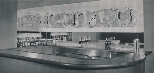 En cocktailbarmålning i snidat och emaljerat linoleum på Berkeley Hotel i Montreal, 1942