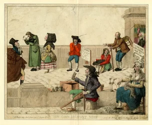 Ett hörn av Pont Neuf, Paris, med lama tiggare och gatuförsäljare, ca 1813.