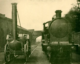 En fullstorleksmodell av Stephensons Rocket tillsammans med en motor av George the Fifth-klassen, Londo