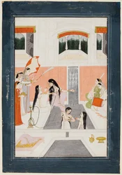 En dam vid hennes toalett lyssnar på musik vid sidan av en vattenkaskad i ett palats, ca. 1780.