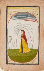 En dam i ett glest landskap, med blomma och kopp, tidigt 1800-tal