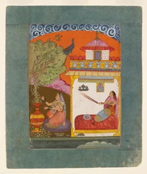 En dam som plockar löv, illustrerar det musikaliska läget Gunakali Ragini, c1675