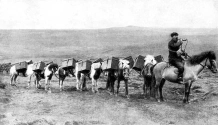 En postkaravan som korsar de isländska slätterna, Island, 1922