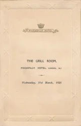 En meny för The Grill Room på Piccadilly Hotel, London, 1920