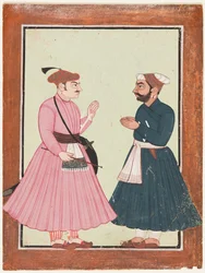 En adelsman, förmodligen Raja Gaur Sen, tar emot en annan adelsman, ca. 1700-20.