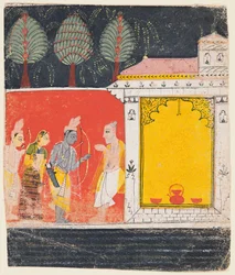En sida från en Ramayana: En nattscen av Rama, Lakshman och Sita före rishi..., ca. 1650.