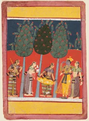 En sida från en Rasikapriya-serie: Krishna och Radha och Sakhis med musikinstrument, ca. 1650