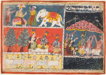 En sida från Bhagavata Purana: Indra sänder en ström av regn, Krishna lyfter berget Govardhana, 1686.