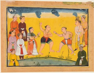 En sida från Mahabharata: Bhima slåss med Jayadratha, ca. 1615.
