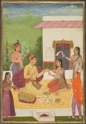 En prins som samtalar med en kvinna medan han tar förfriskningar på en terrass recto..., c. 1710-1720.