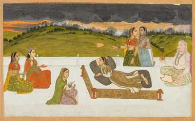 En prinsessa liggande på en terrass med skötare, ca. 1730-1740.