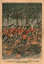 Ett regemente engelska drakar släcker en brand med sabelslag, 1914.