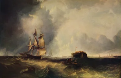 Ett skepp och män i en roddbåt utanför Calais, c1830, 1938