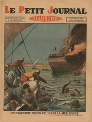 Ett fartyg fattas eld i Röda havet, 1930.