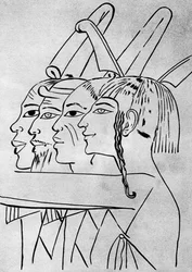 En skiss av afrikanska och asiatiska män från kung Seti I:s grav, Thebe, Egypten, 1936