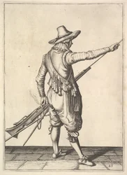 En soldat som drar ut ramstången från sin hållare, från Musketeers-serien, tallrik 25, i Wap....