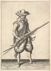 En soldat som skakar pulvret från toppen av pannan, från Musketeers-serien, tallrik 19, i....