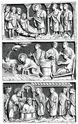 En triptyk över det helande arbetet av St Remy, biskop av Reims, 1000-talet 1870