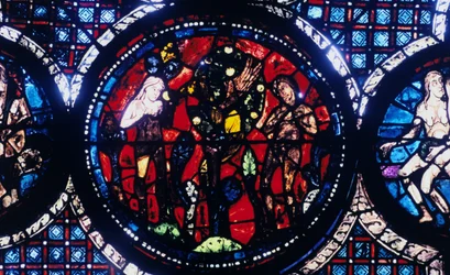 Adam och Eva The Fall of Man, målat glas, Chartres Cathedral, Frankrike, 1194-1260